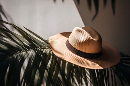 Summer straw hat on a palm branch. Minimalistic style.の素材
