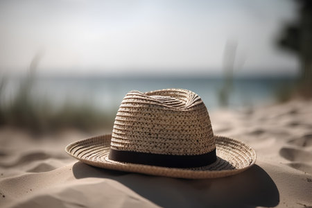 Straw hat on the sand by the sea. Selective focus.の素材