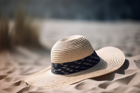 Straw hat on a sandy beach. Selective focus. Toned.の素材