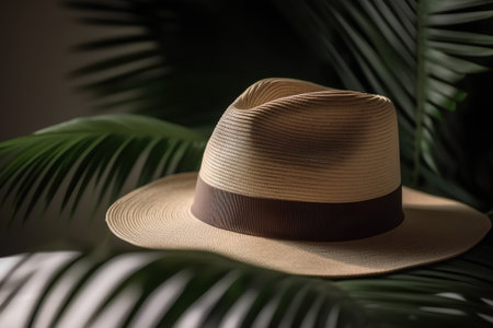 Brown hat with palm leaves on a dark background. 3d renderingの素材