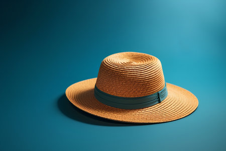 Straw hat isolated on blue background. 3d render illustration.の素材