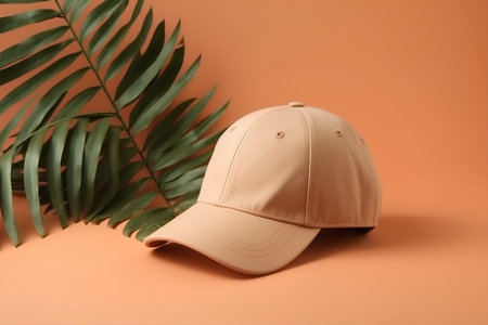 Baseball cap and palm leaf on orange background. 3d renderingの素材