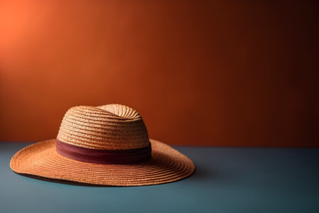 Straw hat on a blue and orange background with copy space.の素材