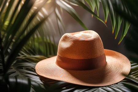 Straw hat on green palm leaves background. Summertime concept.の素材