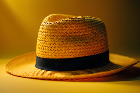 Summer straw hat on yellow background. Close-up. Selective focus.の素材