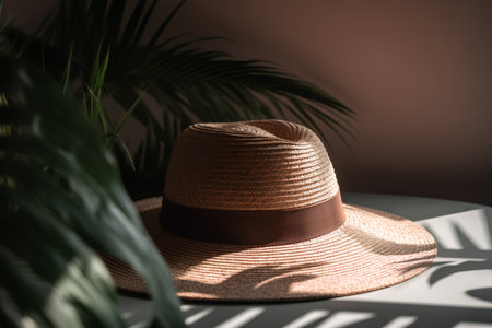 Summer straw hat on the table in the room with palm leaves. 3d renderingの素材
