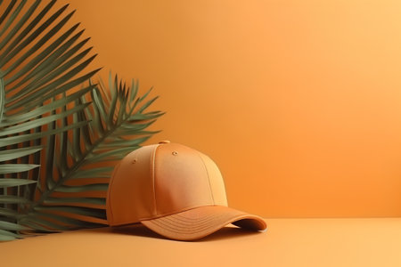 Orange baseball cap and palm leaf on orange background. 3d renderの素材