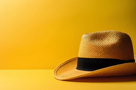 Summer straw hat on yellow background. Minimal summer concept with copy space.の素材