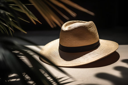 Stylish straw hat on a background of palm leaves. Selective focus.の素材