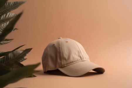 Baseball cap on a brown background with a plant in the cornerの素材