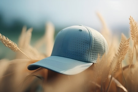 Blue baseball cap on wheat field, shallow depth of field, focus on capの素材