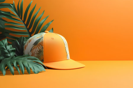 Yellow baseball cap with palm leaves on orange background. 3d renderの素材