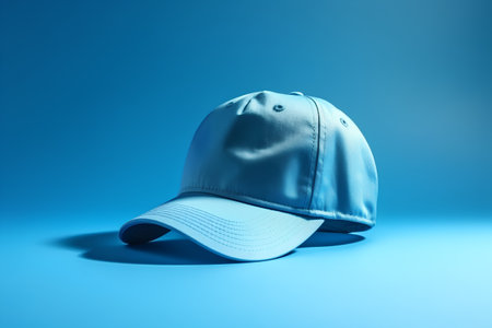 Blue baseball cap on a blue background. 3d render illustration.の素材