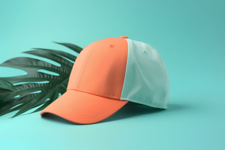 Baseball cap mockup on green background with palm leaf. 3d renderingの素材