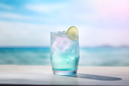 Cocktail on the beach with blue sea and sky background.の素材