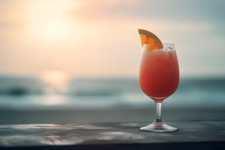 Cocktail with orange on the background of the sea and sunsetの素材