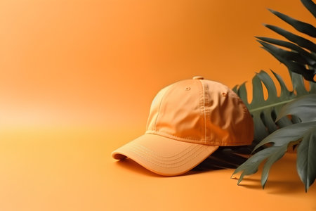 Yellow baseball cap and tropical leaves on orange background. Copy space.の素材