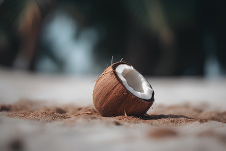 Coconut on the beach with palm tree background. Selective focus.の素材