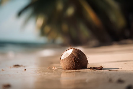 Coconut on the beach with shallow depth of field. Selective focus.の素材