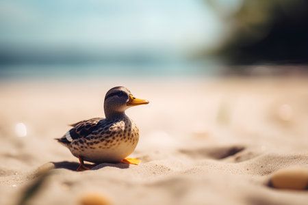 Mallard duck on the beach in the summer. Selective focus.の素材