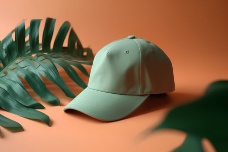 Green baseball cap and tropical leaves on orange background. 3d renderingの素材