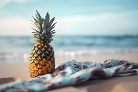 Pineapple with towel on the beach, summer vacation concept.の素材