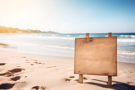 Blank wooden signboard on the beach with copy space. Summer vacation conceptの素材