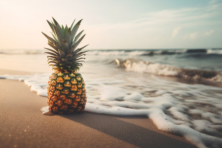 Pineapple on the beach at sunset. Summer vacation concept.の素材