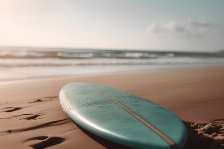 Surfboard on the beach with footprints on the sand at sunsetの素材