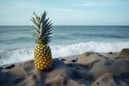 Pineapple on the beach. Summer vacation concept. Toned.の素材