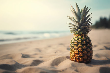 Pineapple on the beach. Summer vacation and travel concept.の素材