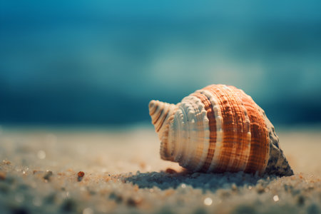 Seashell on the beach. Selective focus. Shallow depth of field.の素材