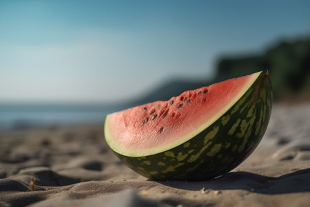Sliced watermelon on the beach. Selective focus.の素材
