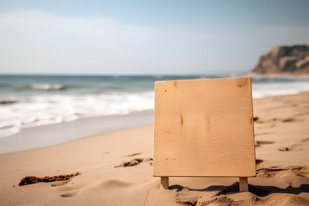 Blank wooden signboard on sandy beach. Summer vacations and travel conceptの素材