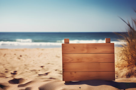 Wooden board on the sand beach with sea and blue sky backgroundの素材