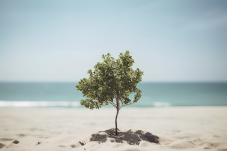 Tree growing on sandy beach with blue sky and sea background - vintage filterの素材
