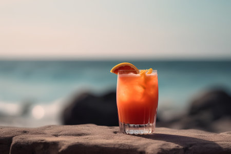 Cocktail on the beach with sea and sky in the backgroundの素材
