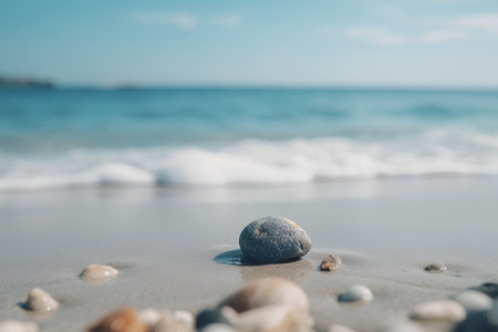 Close up of stones on the beach with soft wave in background.の素材