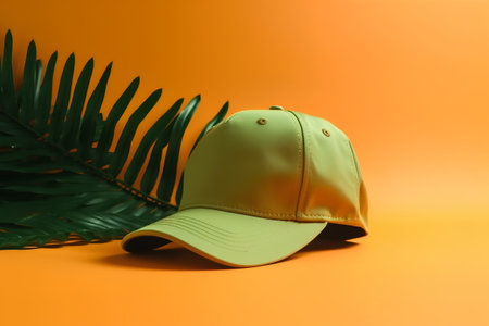 Green baseball cap and palm leaf on orange background. Minimal summer concept.の素材