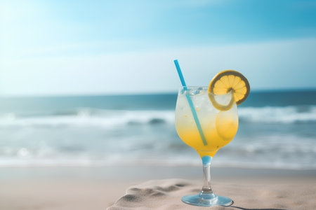 Cocktail on the beach with sea and blue sky background.の素材