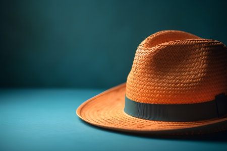Straw hat on a blue background. Shallow depth of field. Toned.の素材