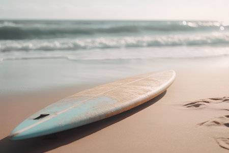 Surfboard on the beach with footprints in the sand - vintage filterの素材