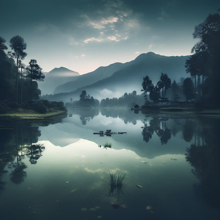 Beautiful landscape of a lake in the mountains at sunrise. Filtered image processed vintage effect.の素材