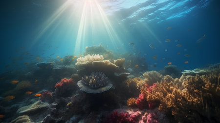 Underwater view of tropical coral reef with fishes and rays of lightの素材