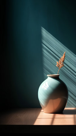 Ceramic vase with wheat spikelets on wooden table in sunlightの素材