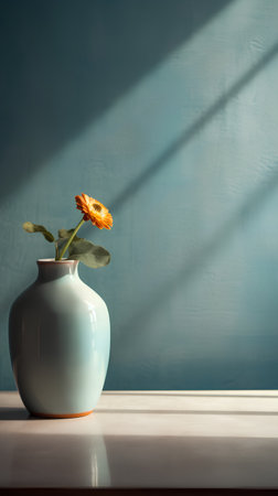 Flower in a vase on a wooden table and blue wallの素材
