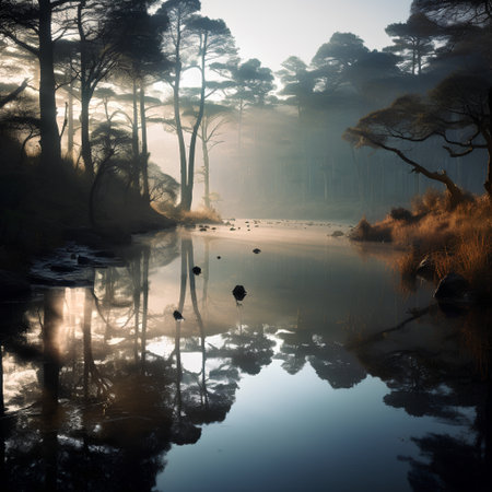 Beautiful landscape image of a misty forest lake in the morningの素材