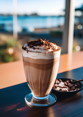 Coffee in a glass on the table in the cafe.の素材