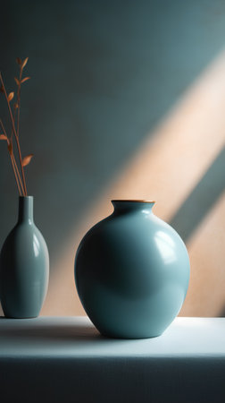 Ceramic vase on a blue background. Minimalistic still life.の素材