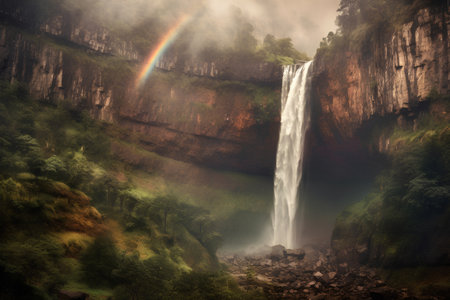 Waterfall in the mountains with rainbow in the sky. Toned.の素材